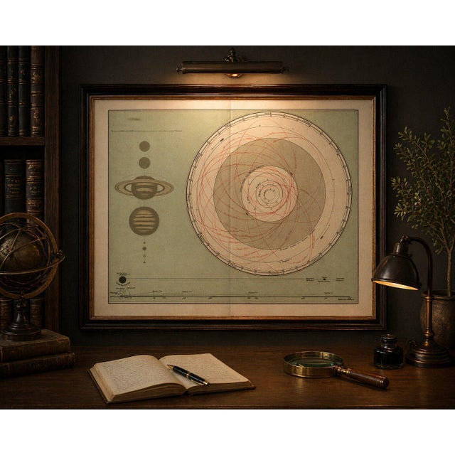 A visually captivating and intellectually rich antique chromolithograph titled “Planetensystem,” published in Meyers...