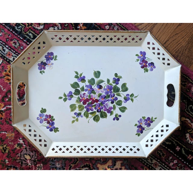 Shabby Chic Vintage Hand Painted Botanical White Tole Tray With Handles For Sale - Image 3 of 13