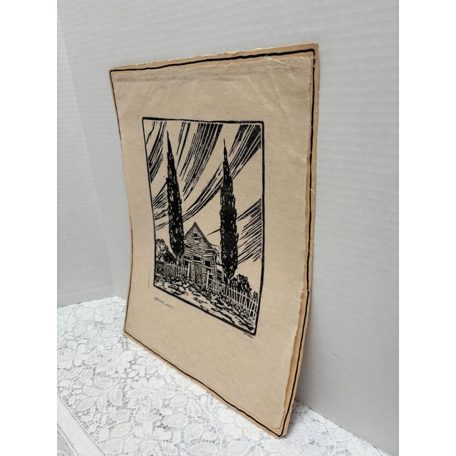 Vintage high contrast relief print by Evelyn Otheto of an ominous haunted house. Otheto is an artist from the California...