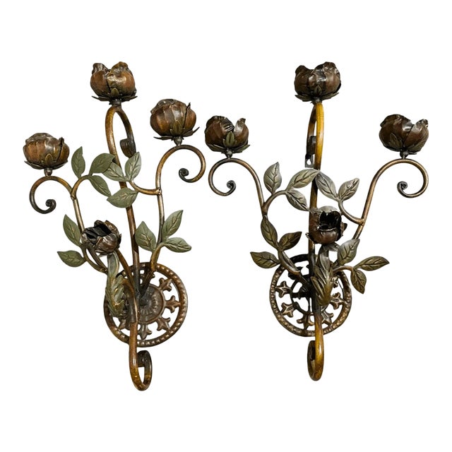 Vintage Italian Style Pair Rose Design Metal Wall Candleholders For Sale