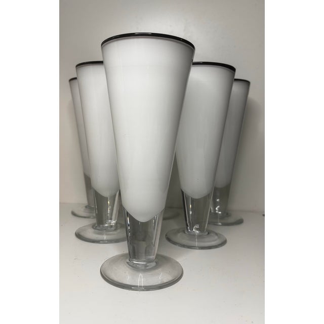 Murano Mid 20th Century Modern White Cased Art Glass Highball Glasses With Black Rims - Set of 6 For Sale - Image 4 of 6