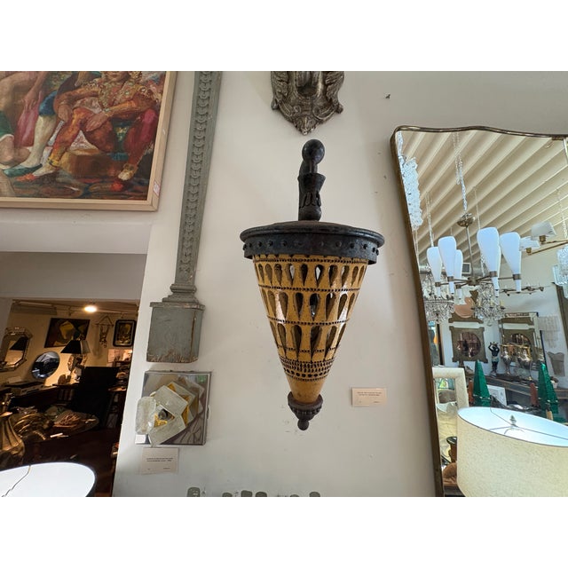 1930s Italian Iron and Glazed Terracotta Lantern Sconces - Pair For Sale - Image 10 of 12