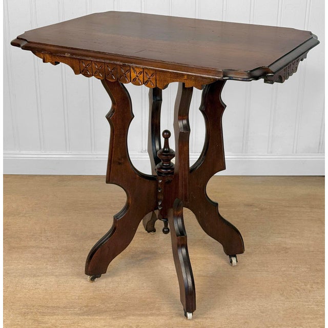 Antique Eastlake Victorian Walnut Carved Parlor Side Table For Sale - Image 4 of 14