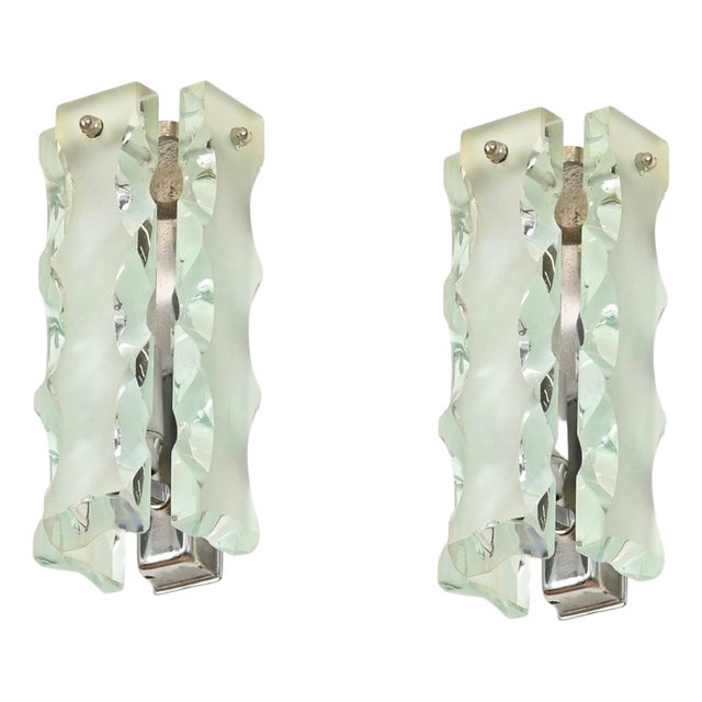 Hand-Chiseled Glass and Chrome Sconces attributed to Cristal Art, Italy, 1970s, Set of 2 For Sale