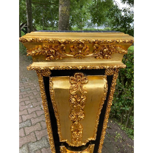 Wood 1990 French Louis XVI Gold Black Beech Wood Marble Pedestals Pair For Sale - Image 7 of 12