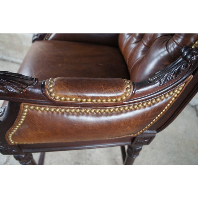 Late 20th Century Hancock & Moore French Chesterfield Style Carved Brown Leather Tufted Bar Stool For Sale - Image 10 of 12