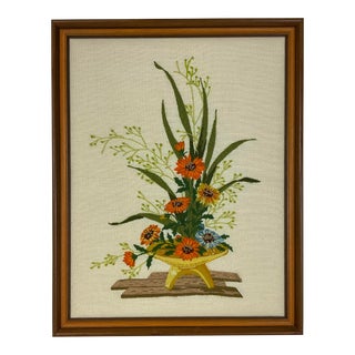 Mid-Century Americana Folk Art Framed Needlepoint Botanical Centerpiece For Sale
