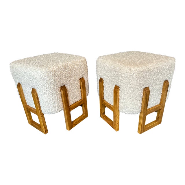 Contemporary Pair of Wood Stools and Bouclé Fabric. Italy For Sale