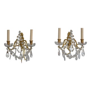 1980s Pair of French Style Brass & Glass Chandelier Type Wall Sconces For Sale