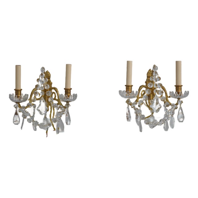 1980s Pair of French Style Brass & Glass Chandelier Type Wall Sconces For Sale