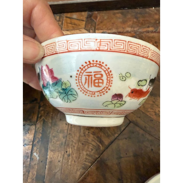 Red Vintage Chinese Porcelain Fish & Lotus Bowls Koi Goldfish Polychrome Enamel - Set of 3 For Sale - Image 8 of 9