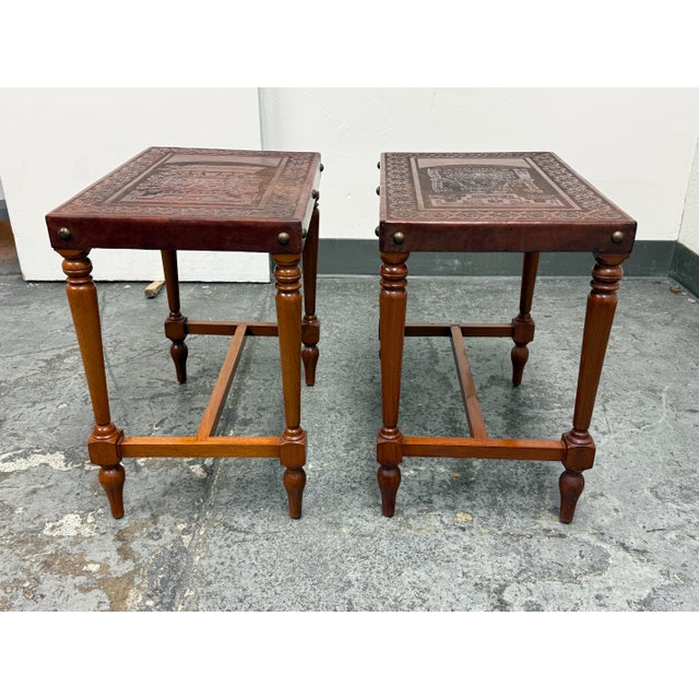 Estudio Taller Corongo Tooled Leather Top Side Tables, Vintage For Sale - Image 4 of 12
