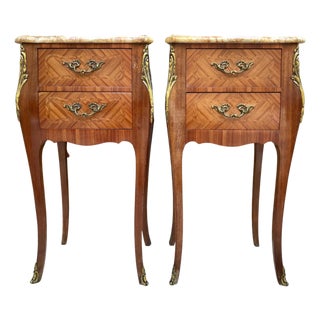 Antique Louis XV French Marquetry Marble Top Nightstands, Set of 2 For Sale