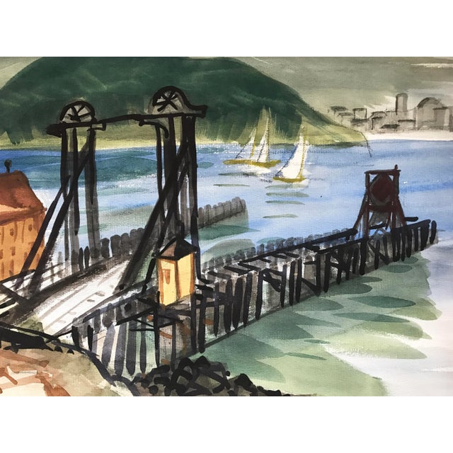 Mid-Century Modern Vintage Watercolor of Tiburon-San Francisco Ferry Dock Mid Century Art For Sale - Image 3 of 5