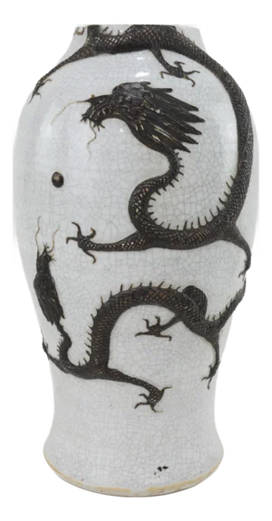 Chinese Crackle Glaze Vase With Black Dragon Relief