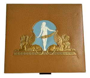 Vintage Neoclassical Style Box Roman Woman Winged Lion Leatherette Covered Bakelite Handle