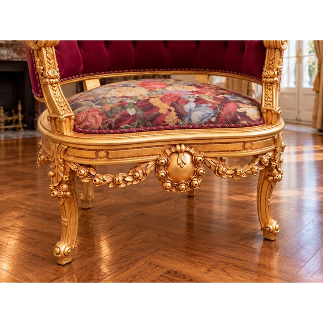 1970 French Artisan Louis XVI Gold Burgundy Sofa Set-3 Pc For Sale - Image 14 of 18
