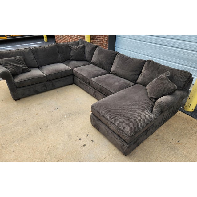 Contemporary Four-Piece Forest Green Corduroy Sectional Sofa Attributed to Arhaus For Sale - Image 3 of 8