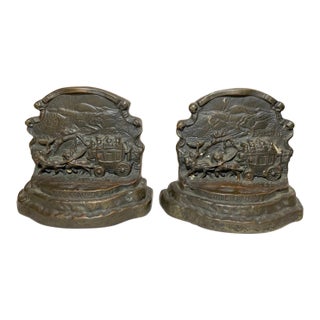 Pair of Antique Armor Bronze Clad Ye Ols Coaching Days Horse and Buggy Bookends For Sale