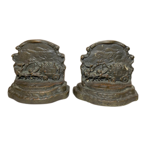Pair of Antique Armor Bronze Clad Ye Ols Coaching Days Horse and Buggy Bookends