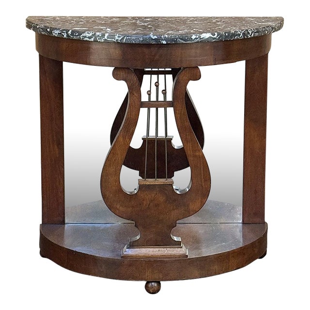 Empire Demilune Lyre Console in Mahogany With St. Anne Marble Top For Sale
