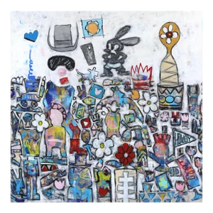 "Oswald the Rabbit" Original Playful Toy Mountain Mixed Media Painting by Tommy Lennartsson