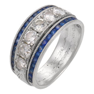 Vintage Diamond Sapphire 18k White Gold Band, Size 6.25 For Sale