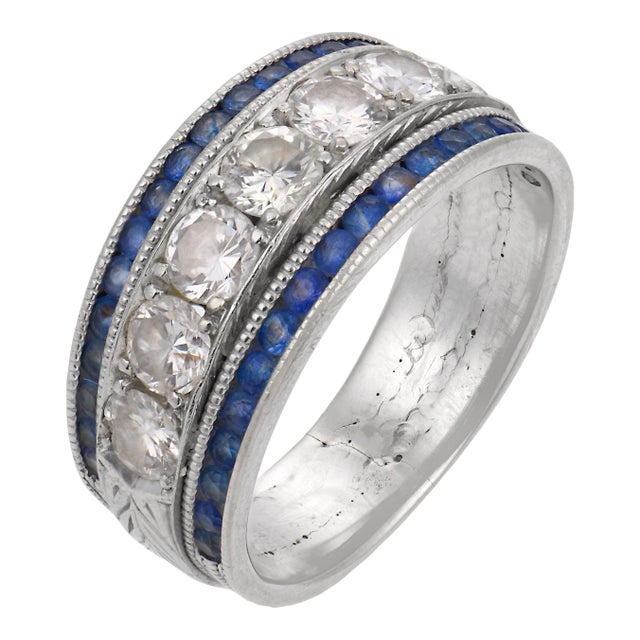 Vintage Diamond Sapphire 18k White Gold Band, Size 6.25 For Sale