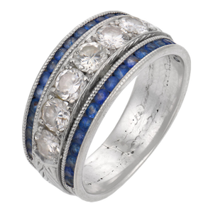 Vintage Diamond Sapphire 18k White Gold Band, Size 6.25