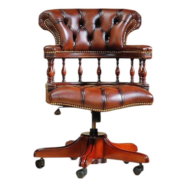 Classic English Chesterfield Cognac Brown Genuine Leather Executive Desk Chair For Sale