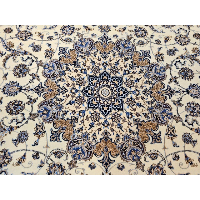Vintage Exceptionally Fine Persian Nain Habibian Area Rug, Hand-Knotted Wool & Silk, Floral Pattern, 7x10, Ivory & Blue For Sale - Image 12 of 16