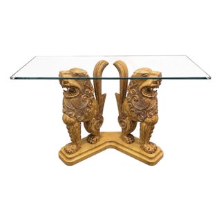 Vintage Hand Carved Architectural Chinese Guardian Lions “Foo Dogs” Console Table Circa 1970s For Sale