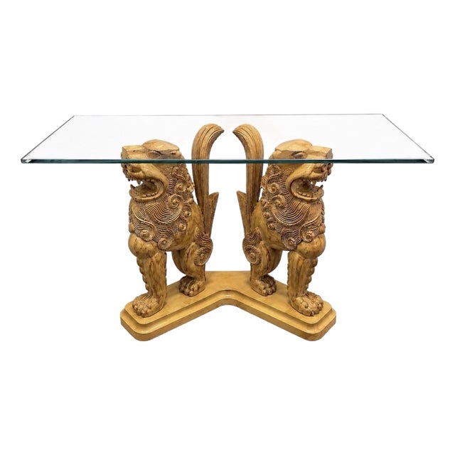 Vintage Hand Carved Architectural Chinese Guardian Lions “Foo Dogs” Console Table Circa 1970s For Sale