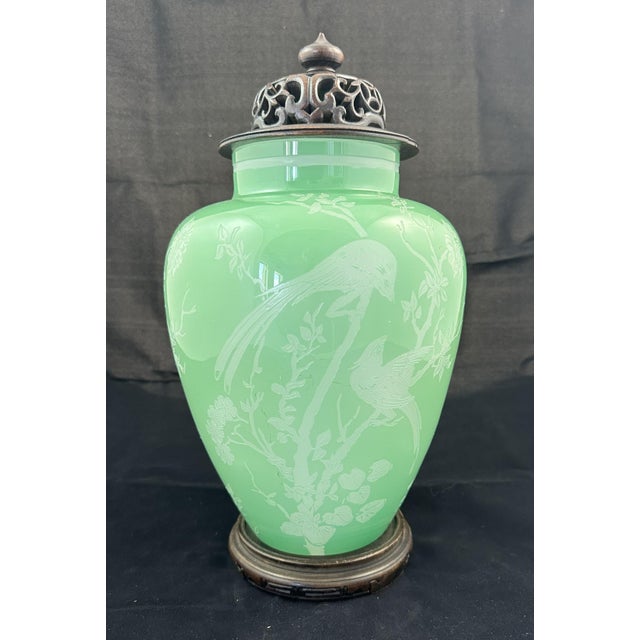 Art Deco Steuben Jade Green Over Alabaster Glass Vase No. 5000 Featuring Exotic Birds Perched on Flowering Garden Branches. For Sale - Image 3 of 9