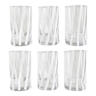 White Stripe Scallop Rim Italian Murano Glass Tumblers - Set of 6 For Sale