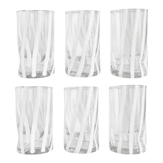 White Stripe Scallop Rim Italian Murano Glass Tumblers - Set of 6 For Sale