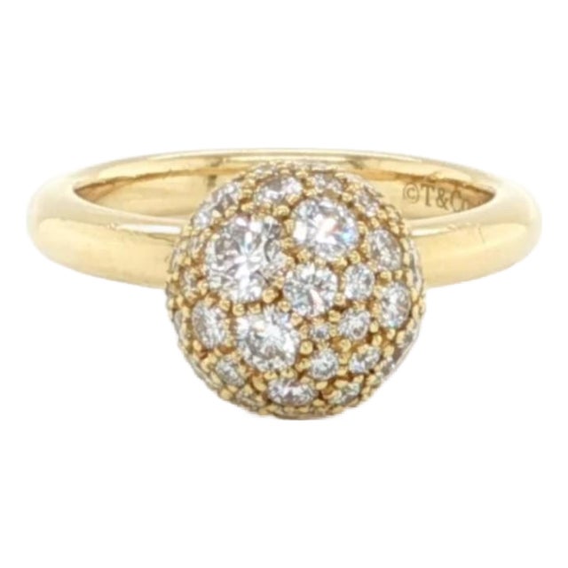 Mid 20th Century Tiffany & Co HardWear Pave Diamond 8mm Ball Ring 18K Yellow Gold Size 4 For Sale