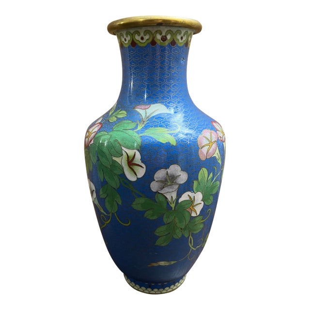 Vintage Chinese Blue Cloisonné Enamel Vase With Morning Glory Flowers, 10 Inches For Sale