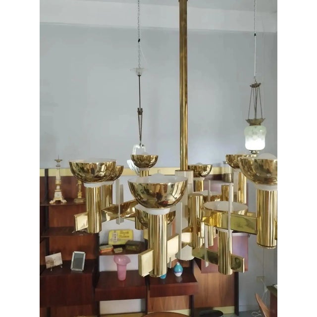 1960s Mid-Century Modern Brass and White Painted Metal Chandelier For Sale - Image 6 of 11