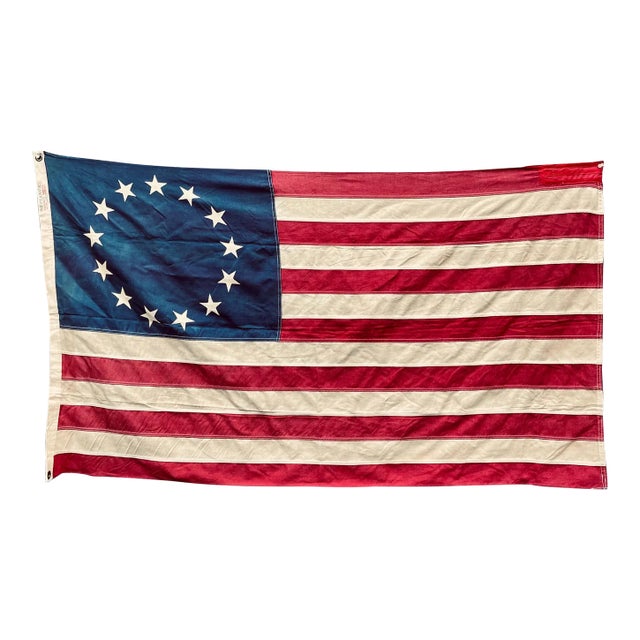 Real Vintage Betsy Ross American Revolutionary Flag 13 Stars Cotton 1976 With Beautiful Naturally Faded Patina and Wear. For Sale