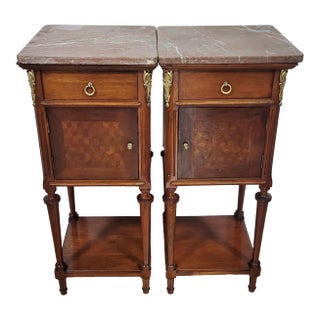 Pair French Louis XVI Parquetry Inlaid Bronze & Marble Top Nightstands For Sale