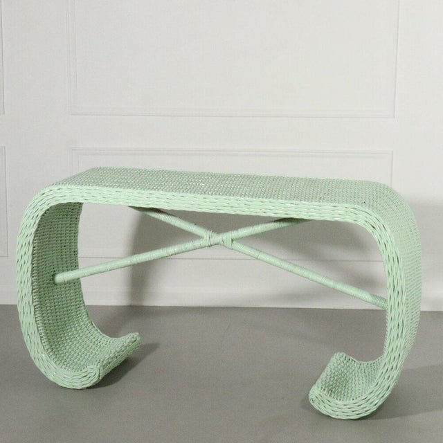 Woven Wicker Scroll Console Table In Mint Green Chairish
