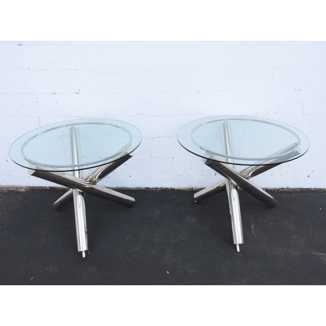 Milo Baughman Style Chrome Glass Top Jax Tables a Pair 6571 For Sale - Image 12 of 18