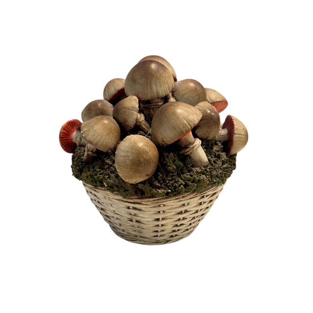 Mid 20th Century Vintage Italian Tromp l'Oeil Hand-Painted Woven Ceramic Basket of Mushrooms For Sale - Image 5 of 17