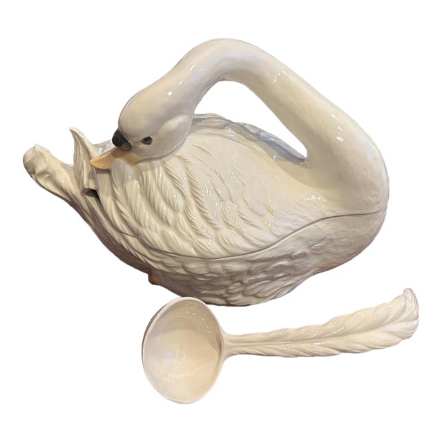1970s Large Cream Painted Ceramic Covered Swan Tureen With Feather Ladle For Sale