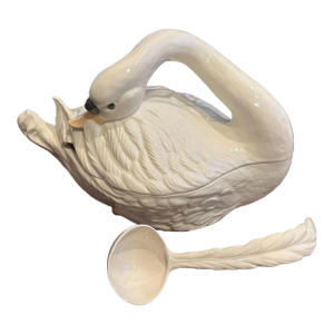 1970s Large Cream Painted Ceramic Covered Swan Tureen With Feather Ladle