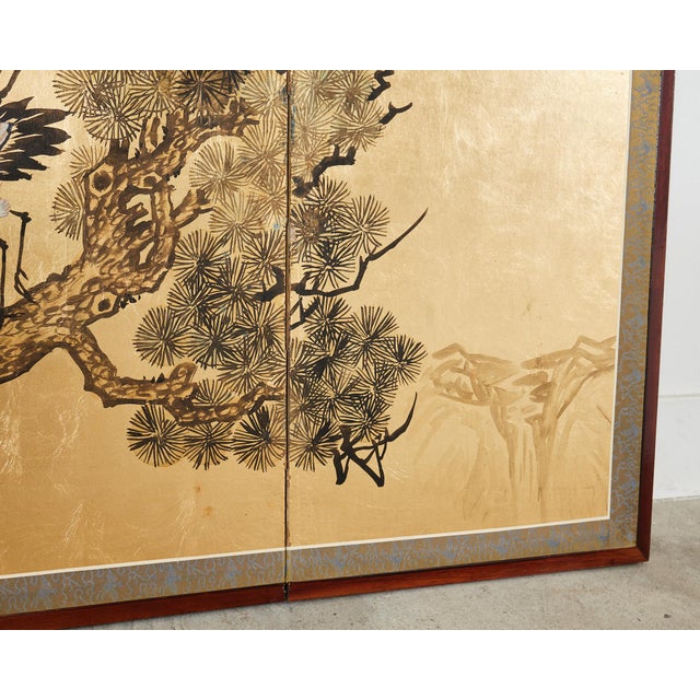 Japanese Style Four Panel Screen Flock of Cranes in Pine | Chairish
