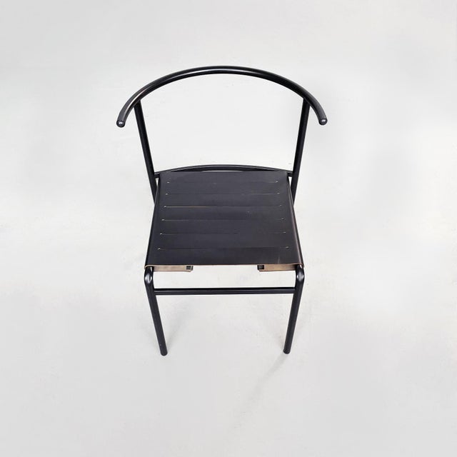 1980s Set of Mid-Century Italian Black Steel Leather Cafè Chairs by Starck for Baleri, 1980s For Sale - Image 5 of 17