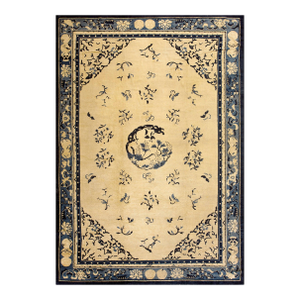 A Beige Field Adorned With Blue Floral Sprays and Central Medallion Antique Chinese Peking Rugug