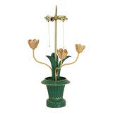 Vintage Floral Tulip Table Lamp – Hand-Painted Metal Tole Style Accent Lamp For Sale